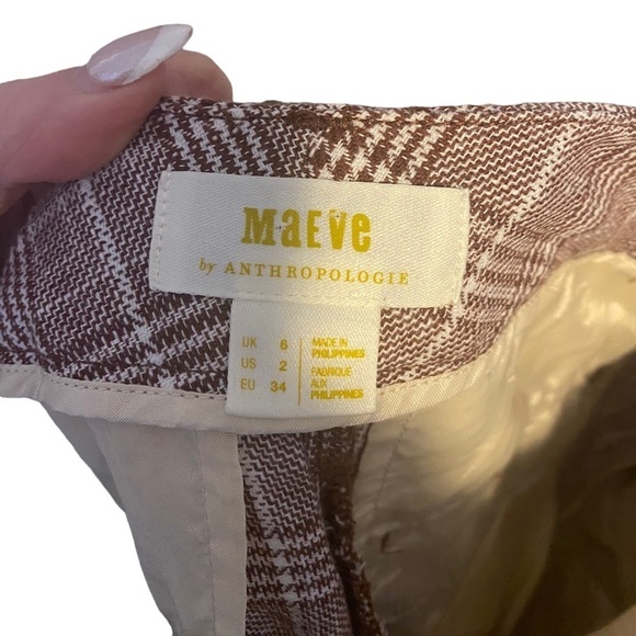 Maeve Pleated Plaid Brown High Rise Linen Wide Leg Trousers Pants - Picture 7 of 9